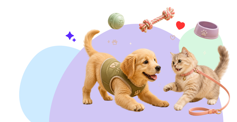 Cat, golden retriever puppy and parrot together